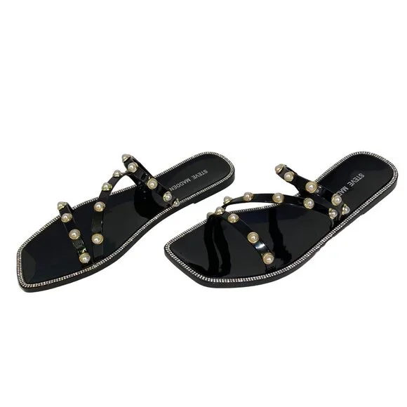 Steve Madden Black Pearl-Studded Flat Sandals With Rhinestone Trim Womens Size 9 - Picture 7 of 11
